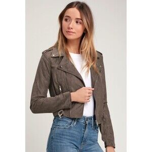 Lulus Faux Suede Moto Jacket Womens Size S Gray Zip Pockets Asymmetrical NEW